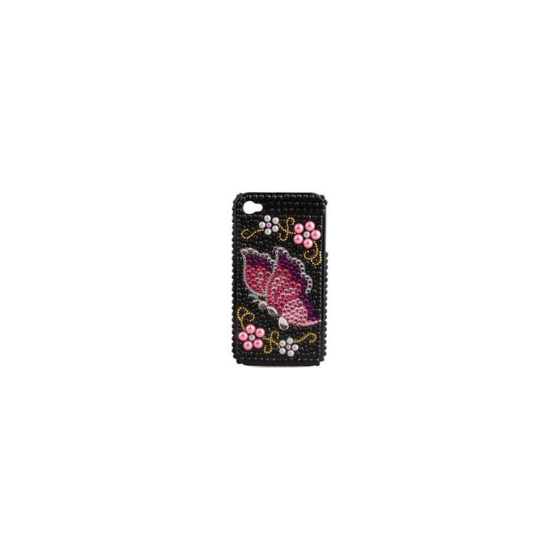 Coque Rigide Strass - Papillon pour Apple iPhone 4/4S - Noir et Rose