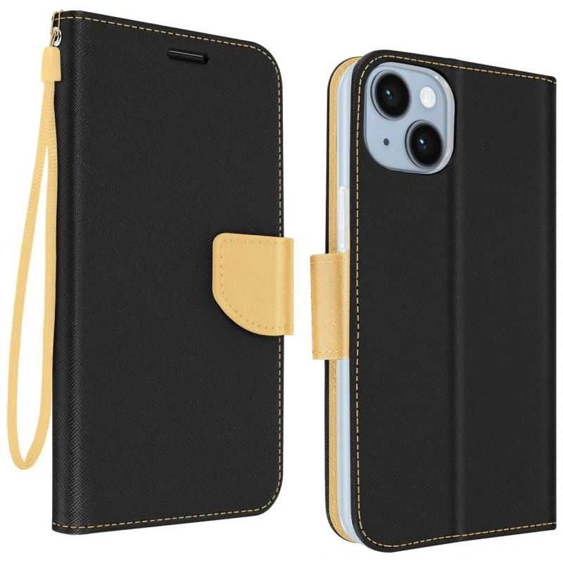 Housse Etui Folio Série Smart Fancy pour Apple iPhone 15 - Noir/Or