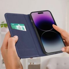 Housse Étui Folio Cuir véritable Clapet Porte-carte pour Apple iPhone 16 Pro - Bleu Marine